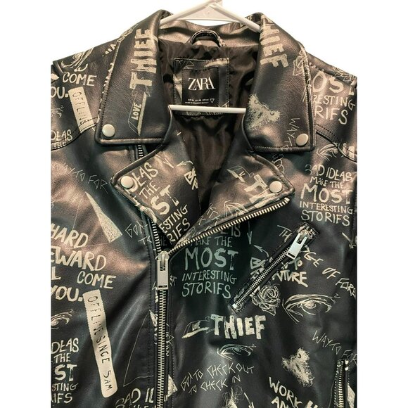 Rare ZARA Womens XL Black Faux Leather Graphic Graffiti Biker Jacket with Zipper - Picture 6 of 11